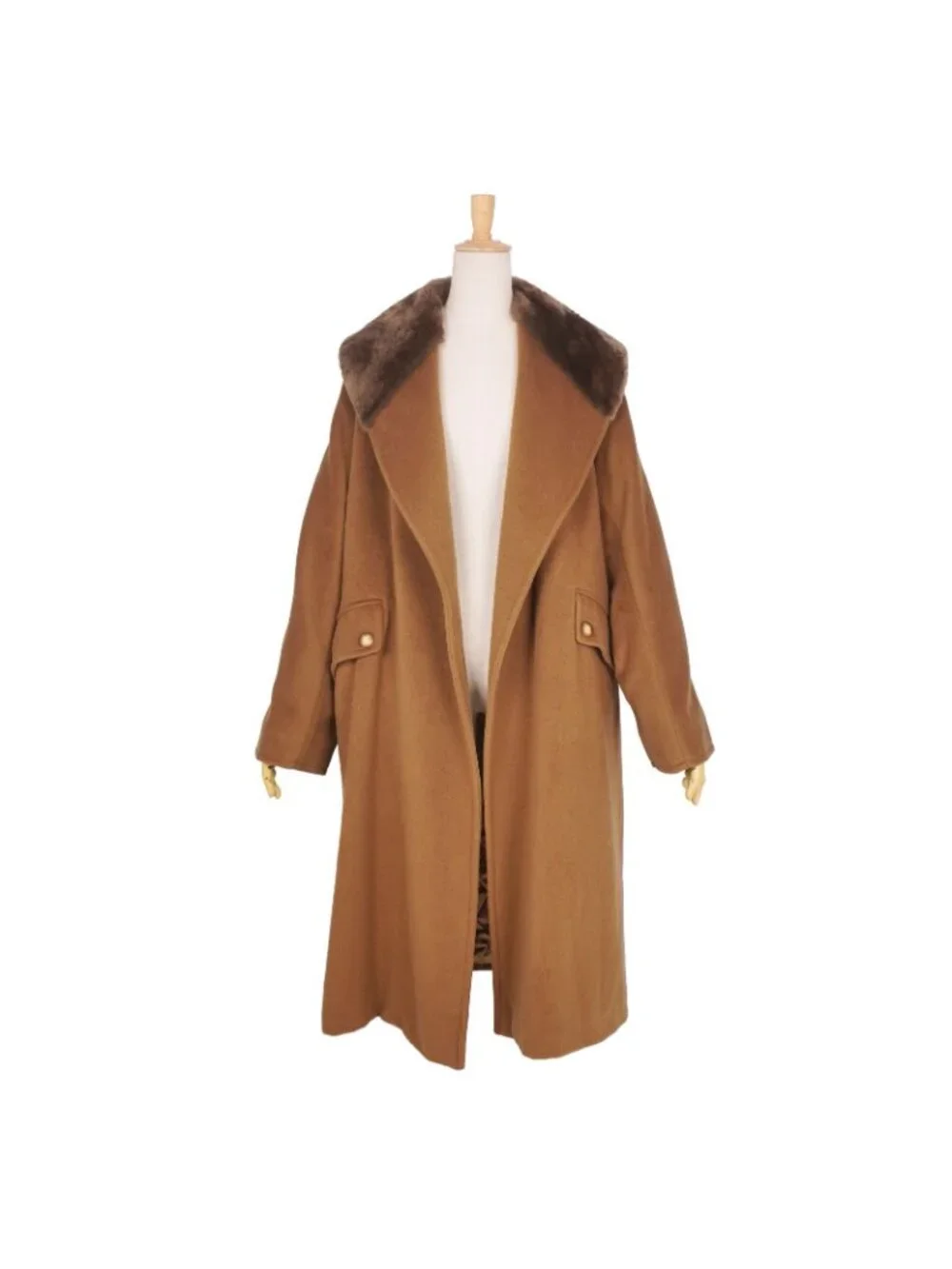 Max Mara Wool Cashmere Coat Long White Tag Buttonless Collar Fur Brown